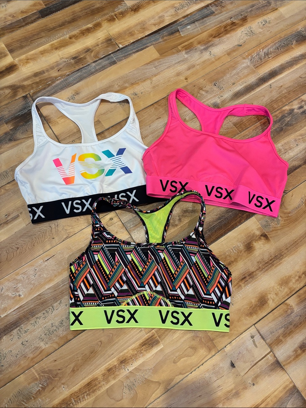 VSX Trio Racerback Sports Bras in White, Hot Pink & Multicolor size large